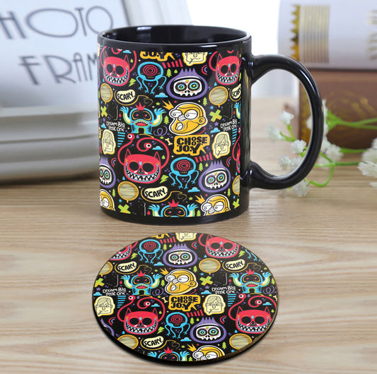 Cute Monster Doodle Art Pattern Design Full Black 330 ml Coffee Mug with Coaster