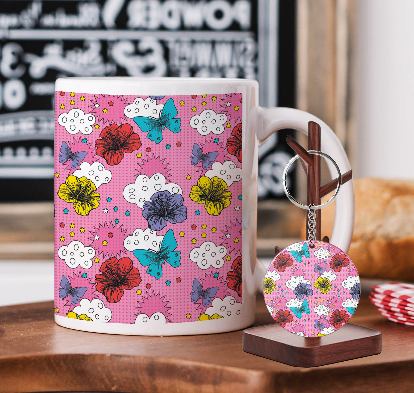 Hand Drawn Kitschy Pattern Mug and Keychain Combo 330 ml Coffee Mug