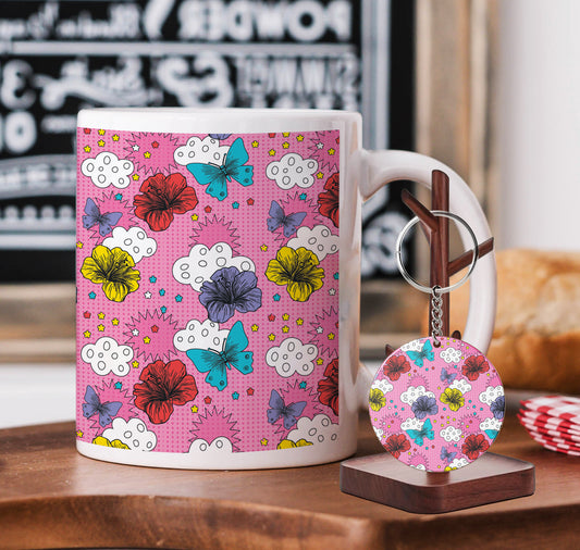 Hand Drawn Kitschy Pattern Mug and Keychain Combo 330 ml Coffee Mug