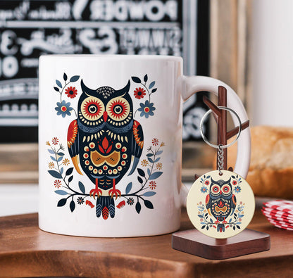 Owl Nordic Folk Art Mug and Keychain Combo 330 ml Coffee Mug