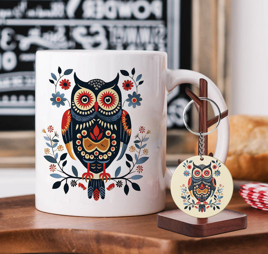 Owl Nordic Folk Art Mug and Keychain Combo 330 ml Coffee Mug