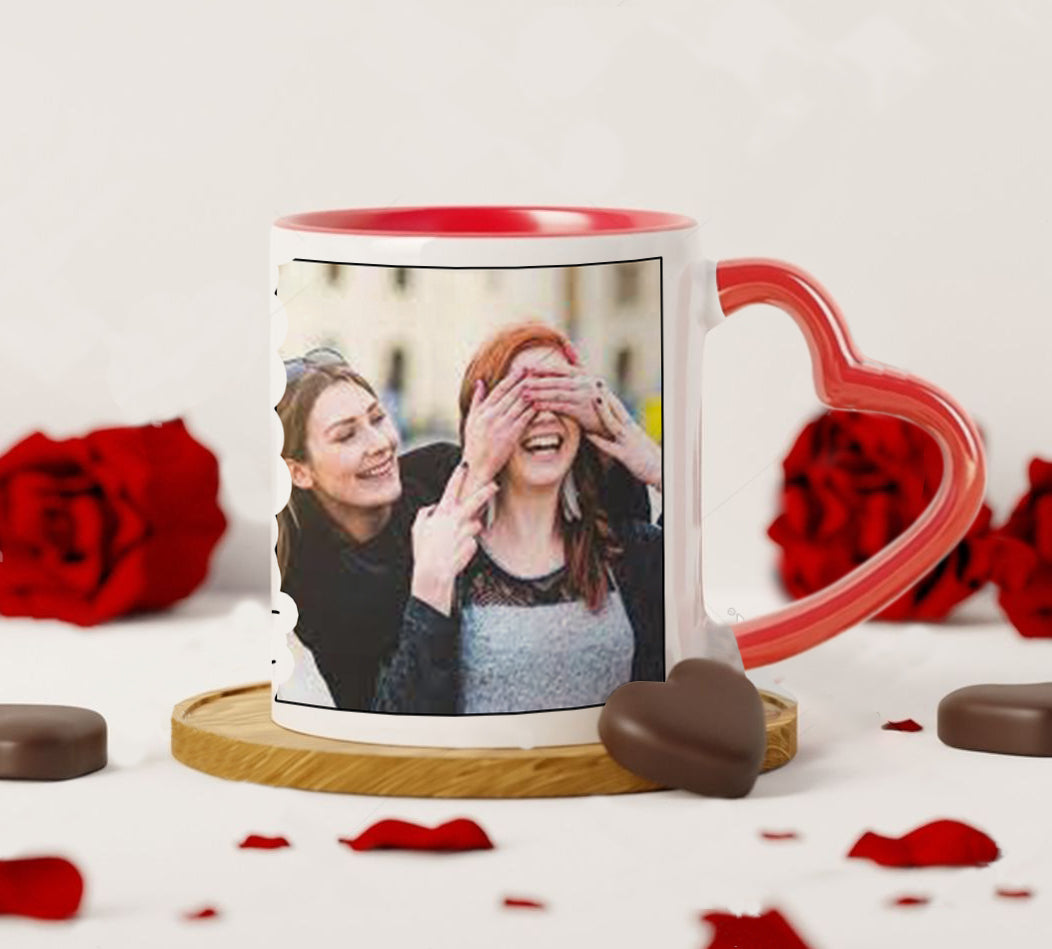 Best Friend forever customized add two photos red heart handle  330 ml Coffee Mug