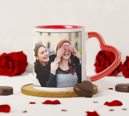 Best Friend forever customized add two photos red heart handle  330 ml Coffee Mug