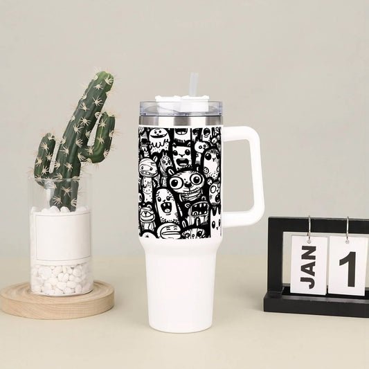 Complex Intricate Doodle Art Covering an Entire Page with Abstract and Whimsical Elements Printed 850ML with Lid Leak Proof  Big Travel Tumbler with Handle and Straw
