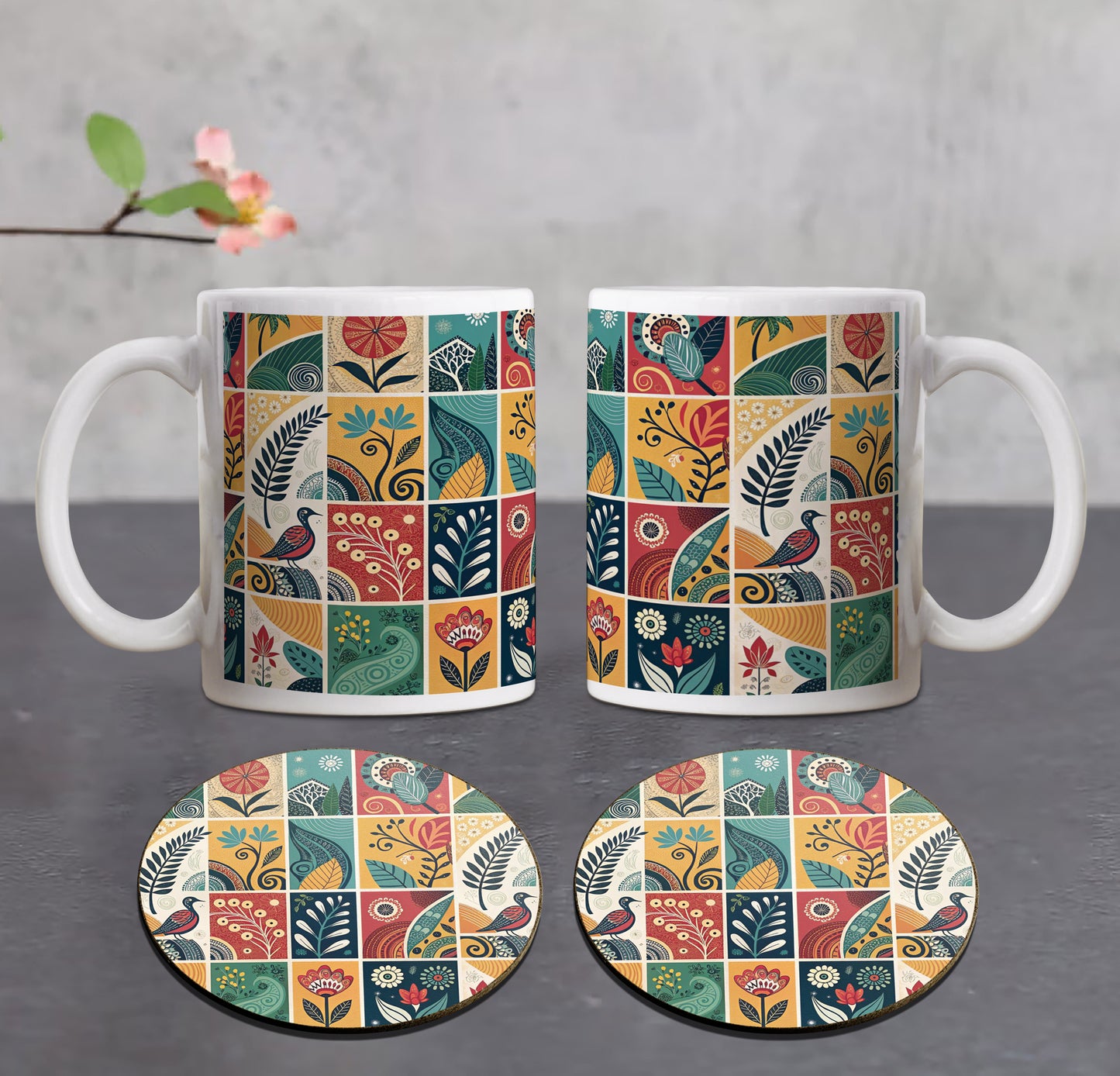 Korean Chuseok patterns with harvest designs Combo Mugs and Coaster(Set of 2 Mugs and 2 coasters) 330 ml Coffee Mug