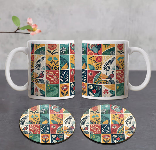 Korean Chuseok patterns with harvest designs Combo Mugs and Coaster(Set of 2 Mugs and 2 coasters) 330 ml Coffee Mug