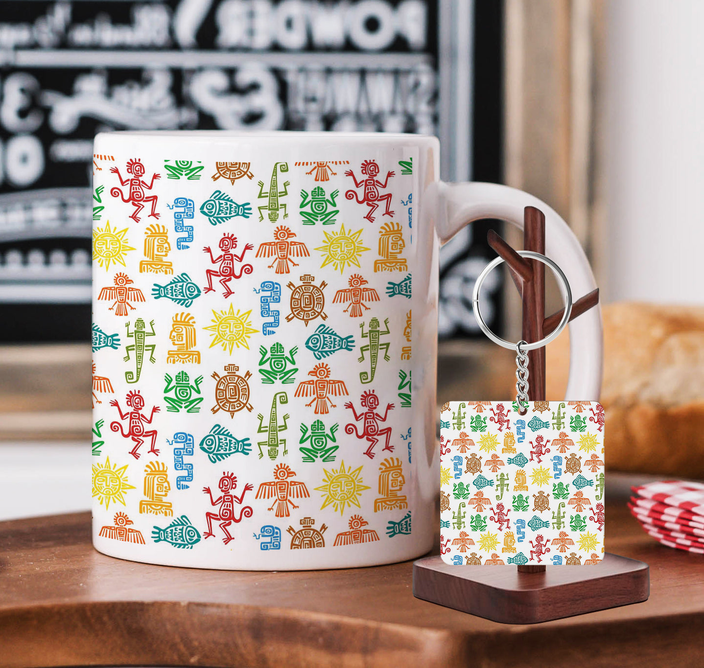 Maya Aztec Totems Seamless Pattern Printed 330 ml White Coffee Mug with Square Shape Wooden Keyring and Chain