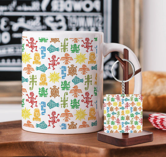 Maya Aztec Totems Seamless Pattern Printed 330 ml White Coffee Mug with Square Shape Wooden Keyring and Chain