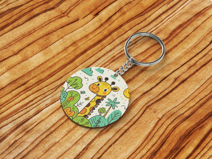 A cartoon drawing of giraffes and trees Printed Round Circle Shape Wooden Keyring with Chain