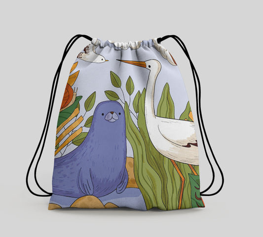 Hand Drawn Wildlife illustration Polyester String Backpack Bags for kids for Gym, Yoga, Tuition ,Beach Bag for 4-10 year boys and girls