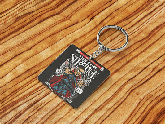 Pop art Dr Strange Printed Square Shape Wooden Keyring with Chain
