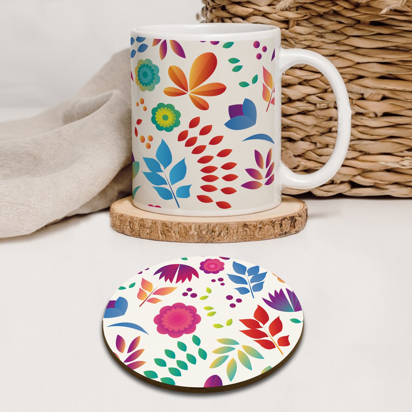 Cartoon Flowers and Leaves Seamless Pattern Mug and Coaster 330 ml Coffee Mug