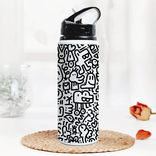 Black in white doodle art Printed Black Nozzle Water Bottle 750 ml For Gym, Yoga, Kids, Boys, Girls, Brother, Sister, Babies, Baby, Workout, Adults