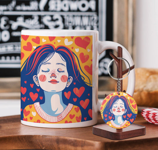 Woman in Love Kawaii Character Mug and Keychain Combo 330 ml Coffee Mug
