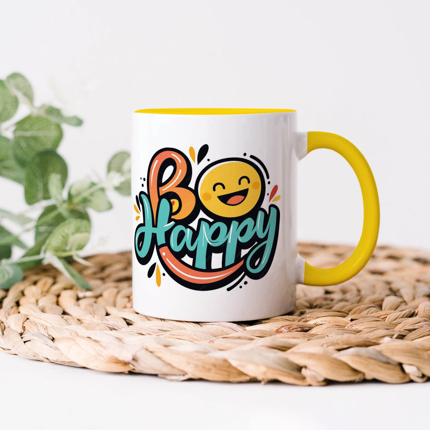 Be happy Yellow Handle 330 ml Coffee Mug