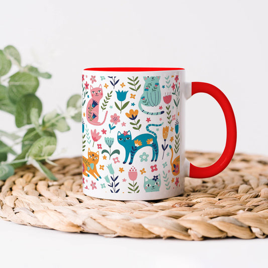 Vector seamless pattern with flowers and cats Cute Flower Cats in cartoon style Red Handle 330 ml Coffee Mug