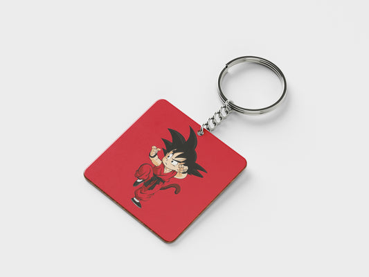 Child Goku design Printed Square Shape Wooden Keyring with Chain