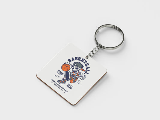 Basketball Skeleton Playing Basketball Halloween Printed Square Shape Wooden Keyring with Chain