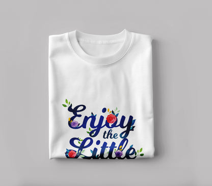 Slogan with hand drawn flowers design Printed White Round Neck Polyester T Shirt for Mens and woman's