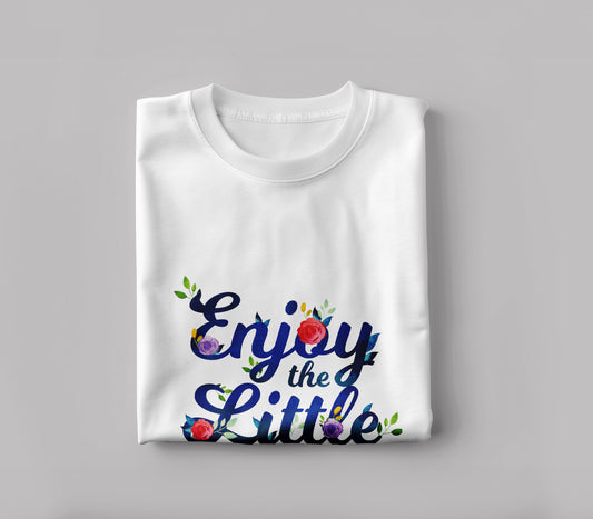 Slogan with hand drawn flowers design Printed White Round Neck Polyester T Shirt for Mens and woman's
