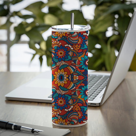 Hand drawn floral elements colorful ethnic seamless pattern Printed 750ML with Lid Leak Proof Travel Tumbler with Straw