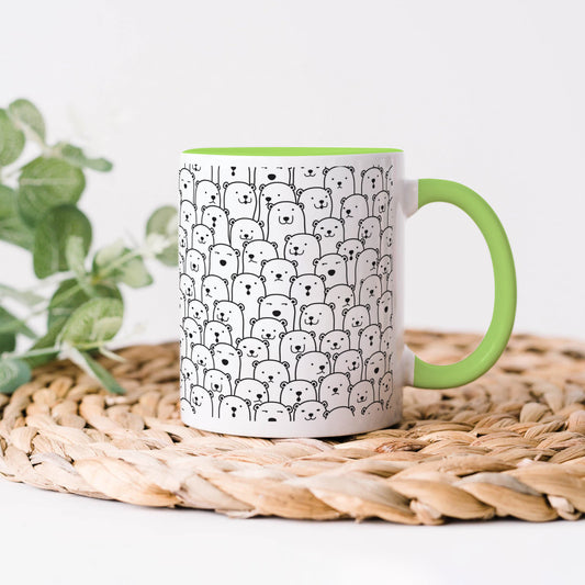 Black in white bear Doodle hand drawn pattern Light Green Handle 330 ml Coffee Mug