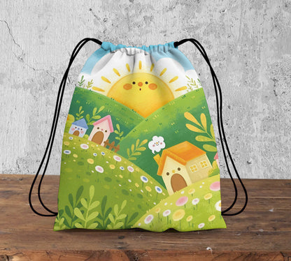Sun and Mountains Pattern Polyester String Backpack Bags for kids for Gym, Yoga, Tuition ,Beach Bag for 4-10 year boys and girls
