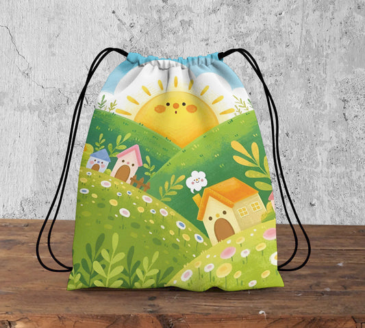 Sun and Mountains Pattern Polyester String Backpack Bags for kids for Gym, Yoga, Tuition ,Beach Bag for 4-10 year boys and girls