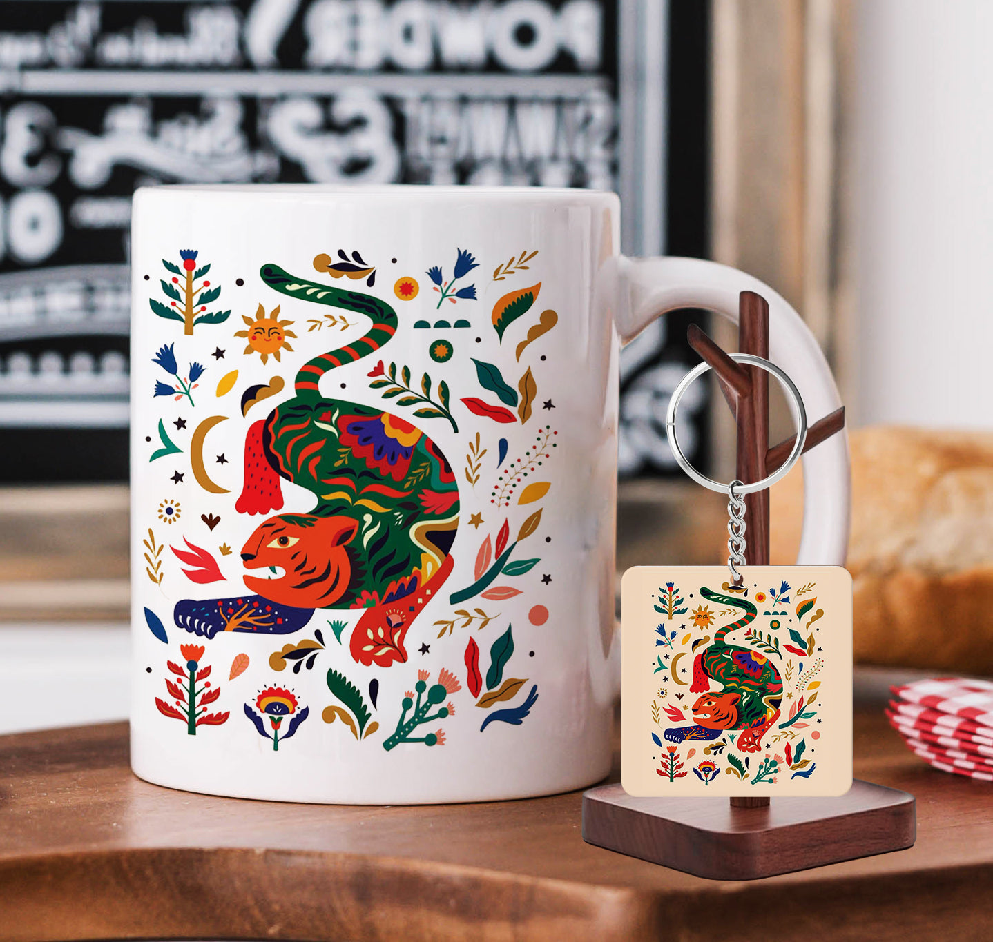 Tigers Illustration Pattern Printed 330 ml White Coffee Mug with Square Shape Wooden Keyring and Chain