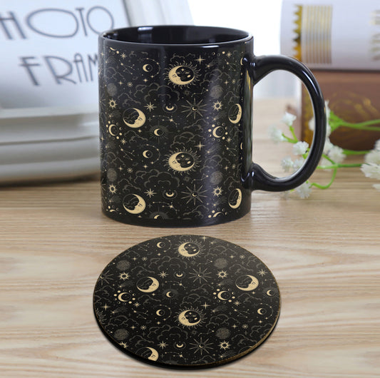 Seamless Vector Constellations and Stars Design Full Black 330 ml Coffee Mug with Coaster