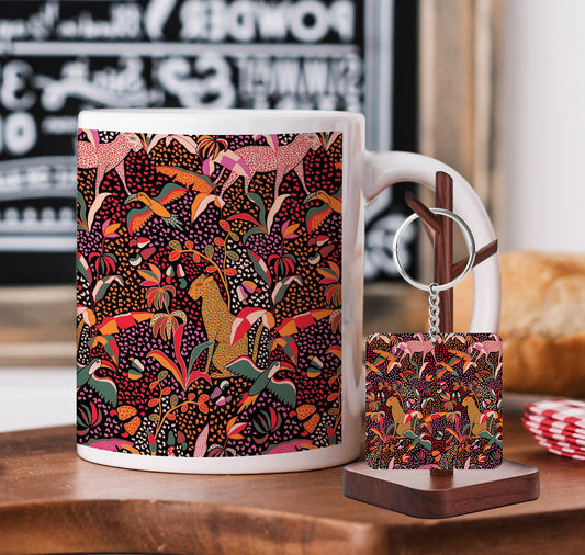 Cheetah and Flower Pattern Printed 330 ml White Coffee Mug with Square Shape Wooden Keyring and Chain