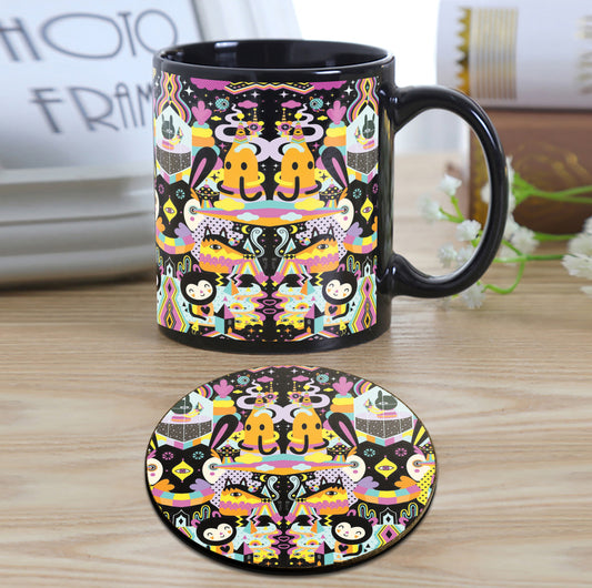 Modern illustration Art Design Full Black 330 ml Coffee Mug with Coaster