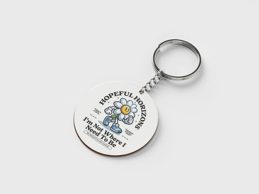 HOPEFUL HORIZON Printed Circle Shape Wooden Keyring with Chain
