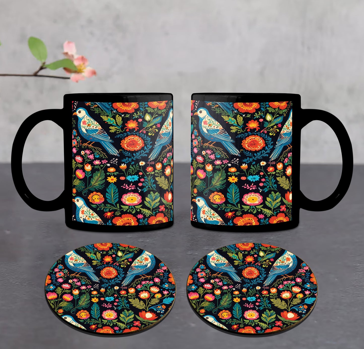 Birds and Flowers Folk Pattern Combo Mugs and Coaster(Set of 2 Mugs and 2 coasters) 330 ml Full Black Coffee Mug