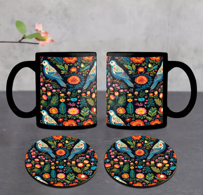 Birds and Flowers Folk Pattern Combo Mugs and Coaster(Set of 2 Mugs and 2 coasters) 330 ml Full Black Coffee Mug