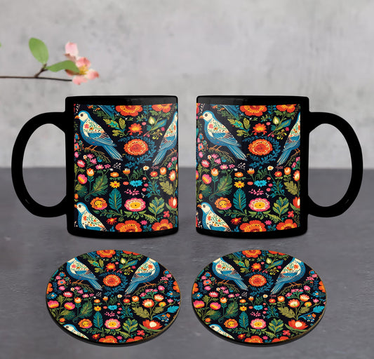 Birds and Flowers Folk Pattern Combo Mugs and Coaster(Set of 2 Mugs and 2 coasters) 330 ml Full Black Coffee Mug