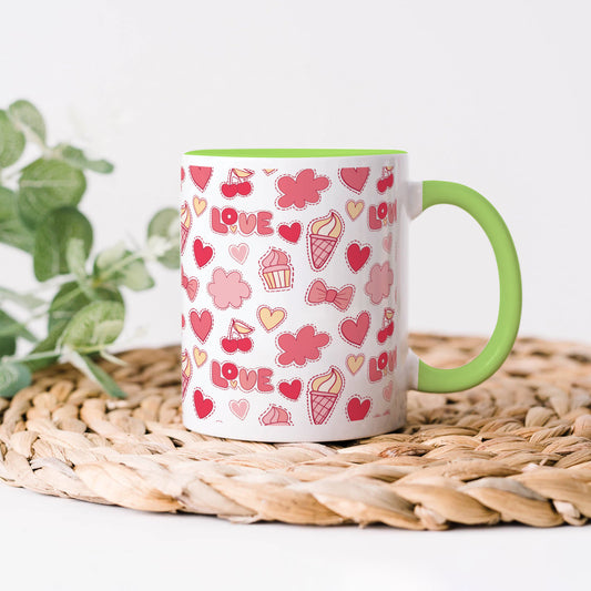 Retro pattern of decorative love elements design Light Green Handle 330 ml Coffee Mug