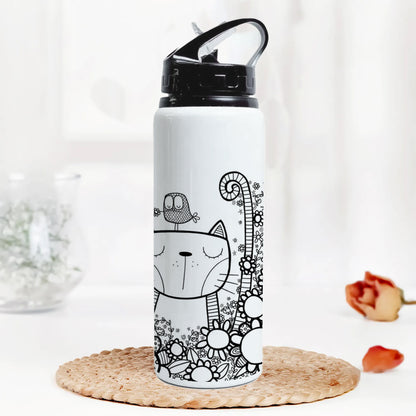Black in white doodle art cat and birds Printed Black Nozzle Water Bottle 750 ml For Gym, Yoga, Kids, Boys, Girls, Brother, Sister, Babies, Baby, Workout, Adults