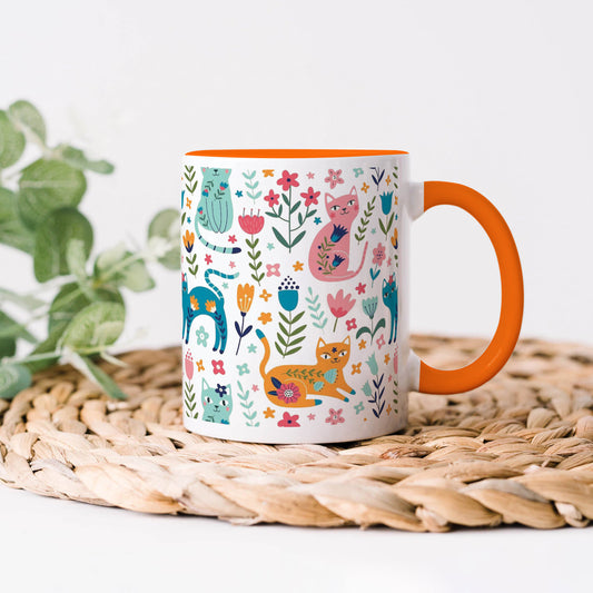 Vector seamless pattern with flowers and cats Cute Flower in cartoon style Handle 330 ml Coffee Mug