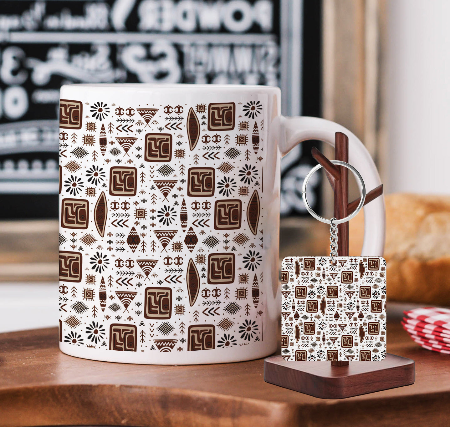 Ethnic Seamless Pattern Printed 330 ml White Coffee Mug with Square Shape Wooden Keyring and Chain
