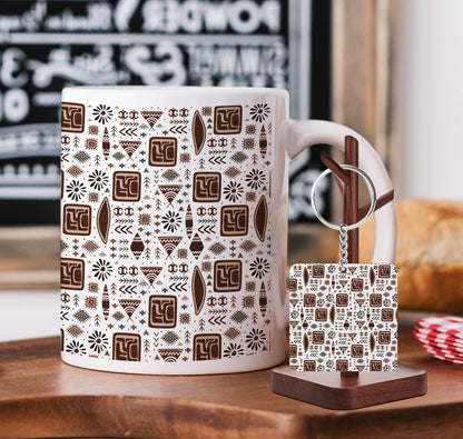 Ethnic Seamless Pattern Printed 330 ml White Coffee Mug with Square Shape Wooden Keyring and Chain