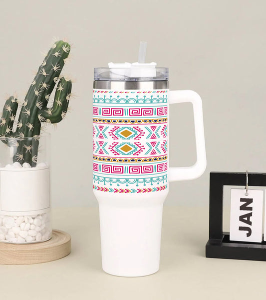 Vector tribal ethnic seamless pattern Printed 850ML with Lid Leak Proof Big Travel Tumbler with Handle and Straw