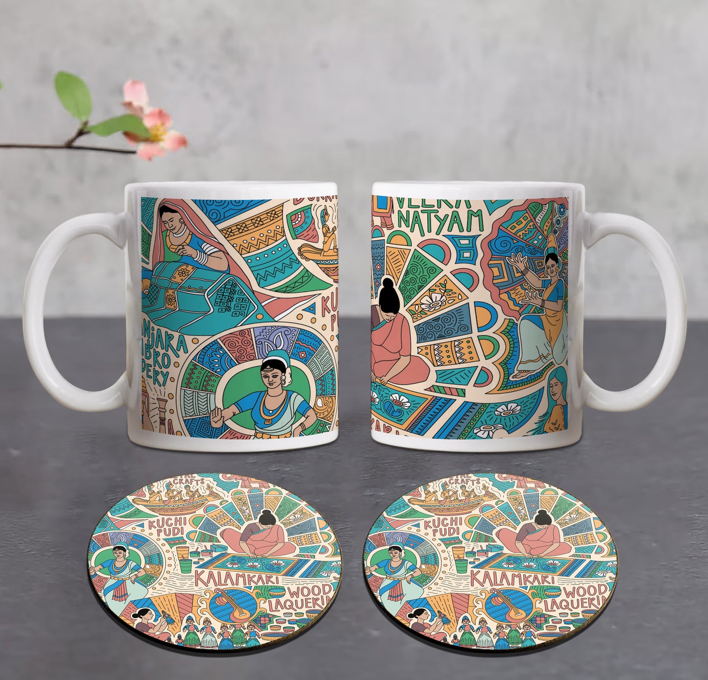 Andhra Pradesh Traditional Activities Combo Mugs and Coaster(Set of 2 Mugs and 2 coasters) 330 ml Coffee Mug
