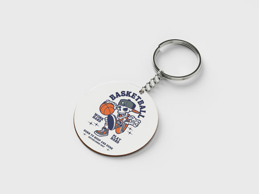 Basketball Skeleton Playing Basketball Halloween Printed Circle Shape Wooden Keyring with Chain
