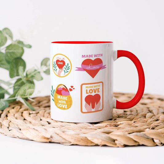 Hand drawn made with love floral label design Red Handle 330 ml Coffee Mug