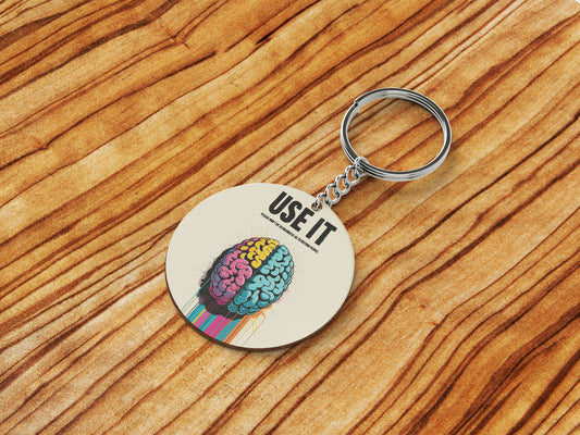 Vibrant Dual Hemisphere Brain Art Motivational Printed Round Circle Shape Wooden Keyring with Chain