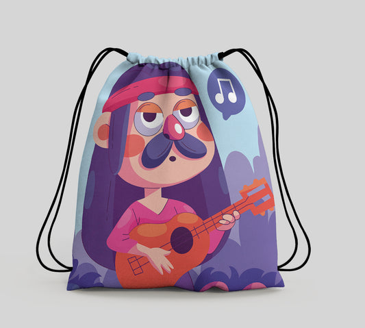 Hand Drawn Singing Hippie Cartoon illustration Polyester String Backpack Bags for kids for Gym, Yoga, Tuition ,Beach Bag for 4-10 year boys and girls