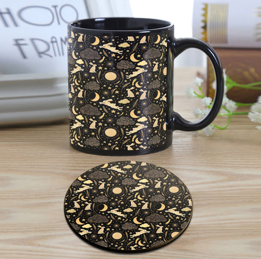 Harvest Moon Design Full Black 330 ml Coffee Mug with Coaster