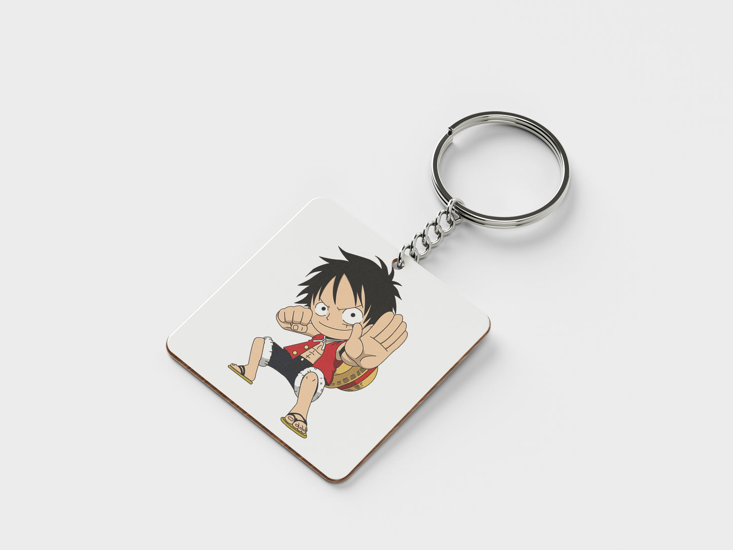 Child Monkey D Luffy Sticker Printed Square Shape Wooden Keyring with Chain