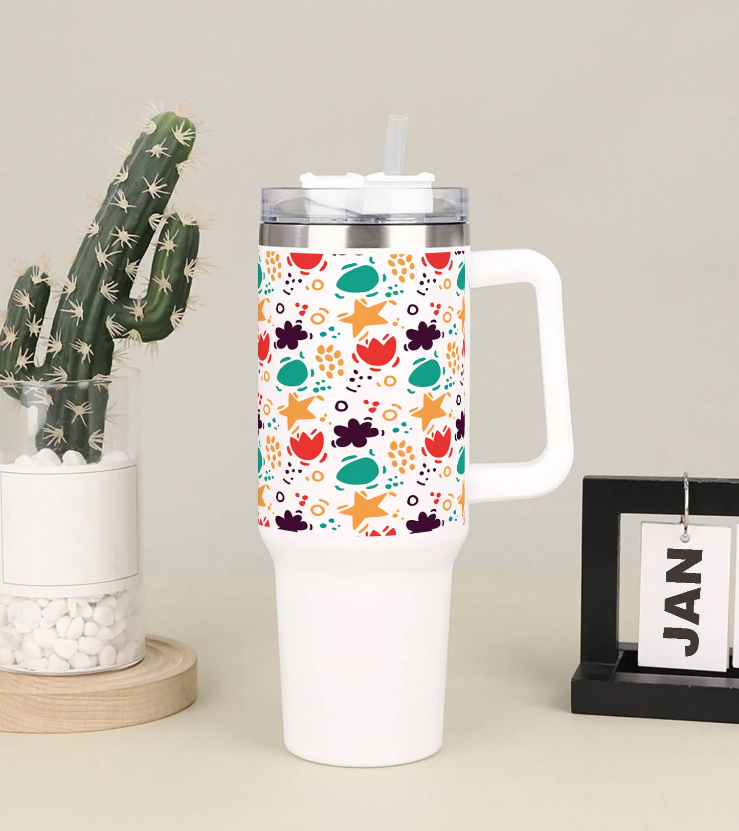 Abstract hand drawn pattern Printed 850ML with Lid Leak Proof Big Travel Tumbler with Handle and Straw